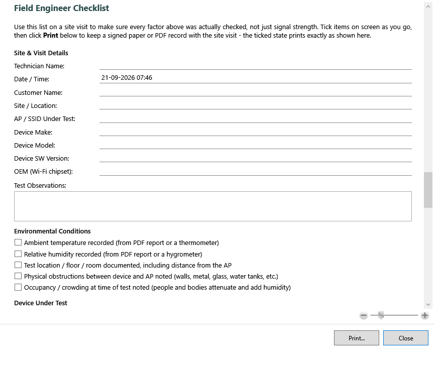 llemonai WiFi Scanner Field Engineer Checklist showing site and visit details, device information, and environmental condition checkboxes